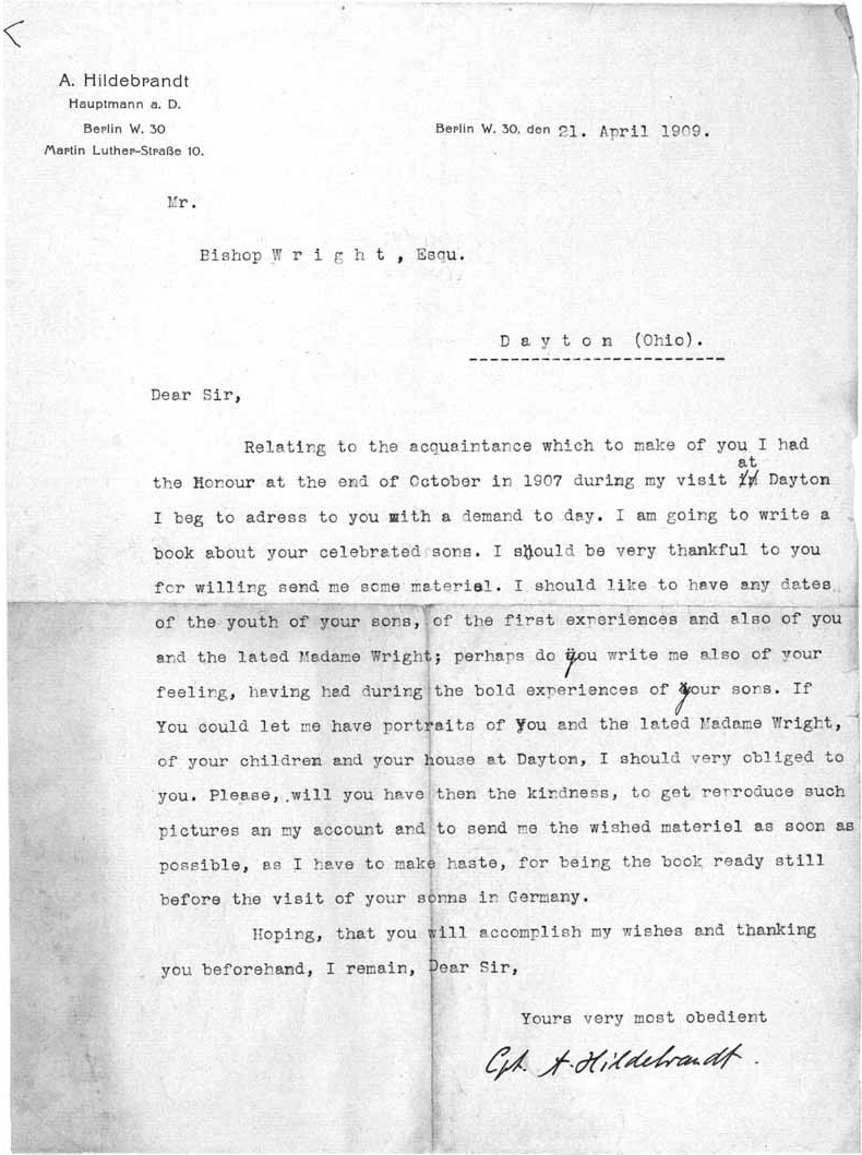 Illustration:
Brief von A. Hildebrandt an Bischof Wright; 21. April 1909