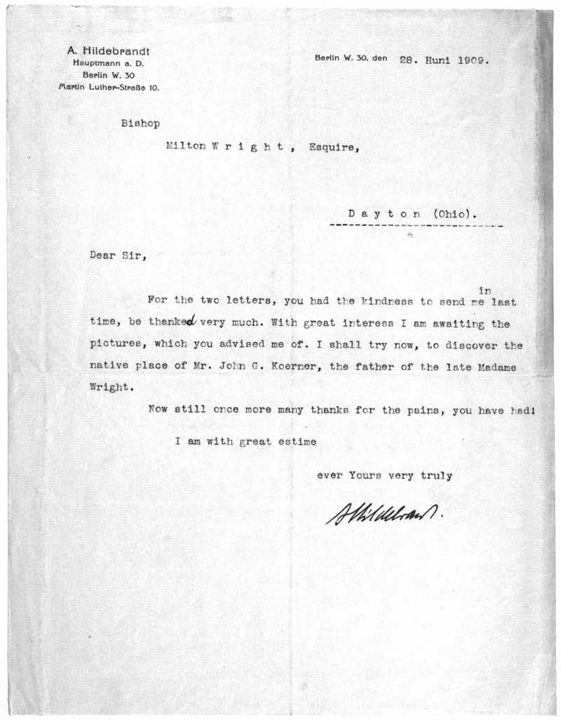 Illustration:
Brief von A. Hildebrandt an Bischof Wright; 28. Juni 1909
