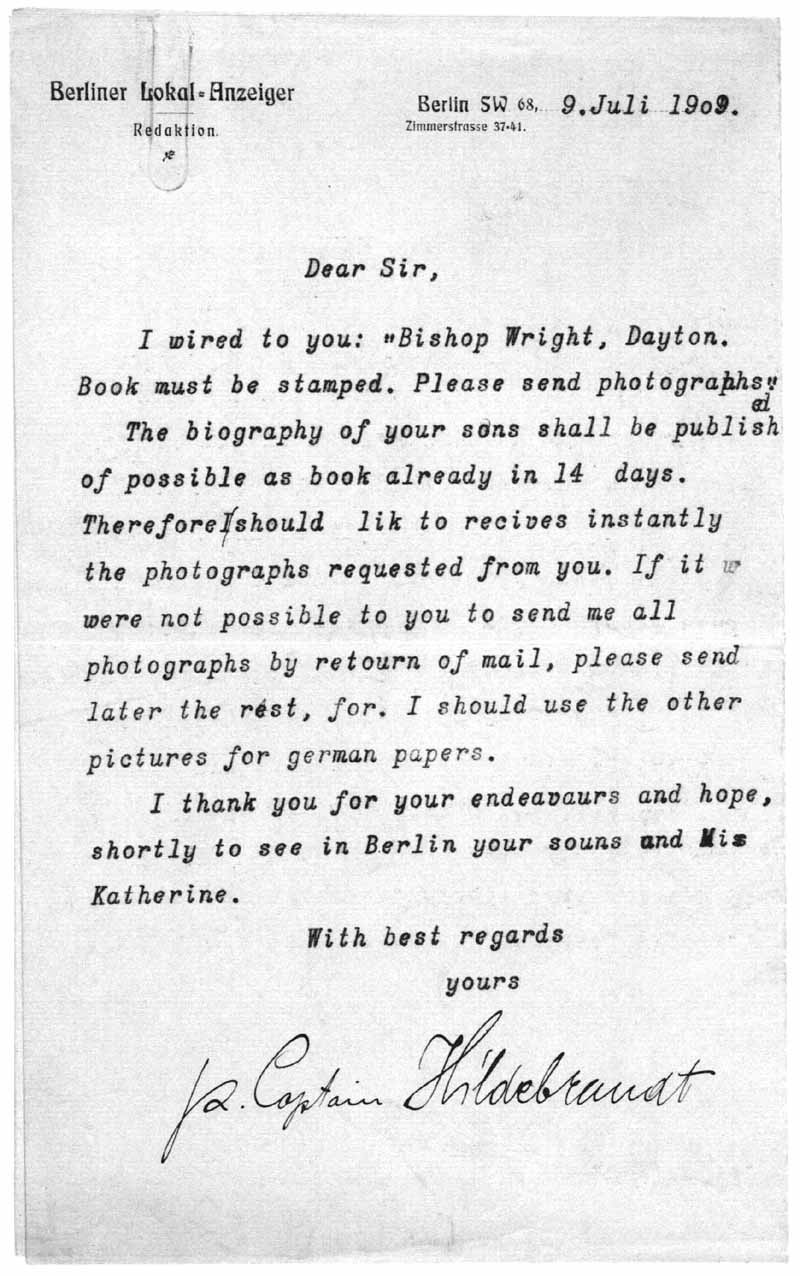 Illustration:
Brief von A. Hildebrandt an Bischof Wright; 9. Juli 1909
