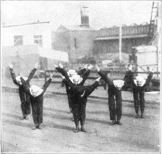 FIG. 15.—WING

In the "Wing" position, which is a final breathing exercise, the breath
should be taken well in as the arms are raised over the head; then
exhaled as the body and arms swing forward, with a final crowding out of
some of the residual air by forcing in the abdomen as the arms are
raised over the back. Start the inhalation again as the arms come
forward.