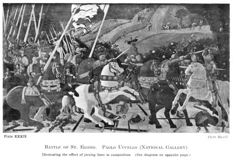 Plate XXXIX. BATTLE OF ST. EGIDIO. PAOLO UCCELLO (NATIONAL GALLERY) Illustrating the effect of jarring lines in composition. (See diagram on opposite page.) Photo Morelli