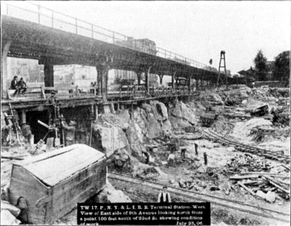 Plate XLVII, Fig. 2.— TW 17, P.N.Y. & L.I.R.R. Terminal Station West. View of East side of 9th Ave. looking North from a point 100 feet south of 33rd St. showing condition of work. July 23, 06.