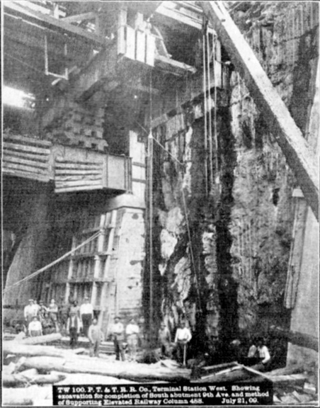 Plate LII, Fig. 2.— TW 100. P.T. & T.R.R. Co. Terminal Station West. Showing excavation of completion of South abutment 9th Ave. and method of Supporting Elevated Railway Column 488. July 21, 09.