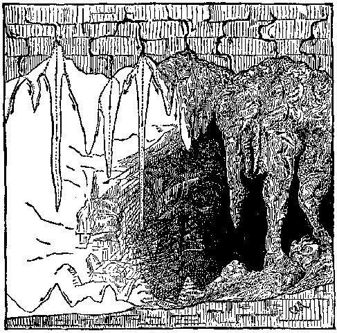 Fig. 13.—Stalactites and stalagmites on roof and floor
of a cavern. The arrows show the direction of the moving water.