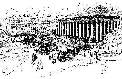 Street scene in Paris, showing the Bourse.