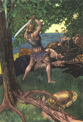 Perseus, sword raised, prepares to cut off the head of the sleeping
Medusa. Snakes in her hair rear up, while her two sister sleep beside her.