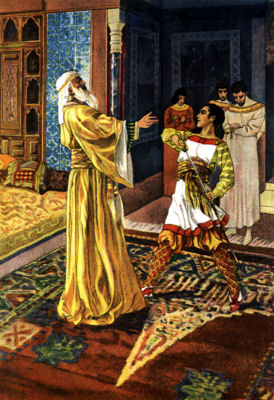 In a richly decorated room, a young man draws his sword to confront an
older man, while three others look on.