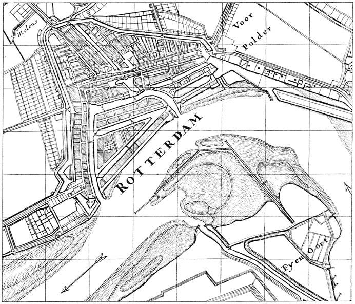 Plattegrond van Rotterdam in het begin der 18e eeuw.