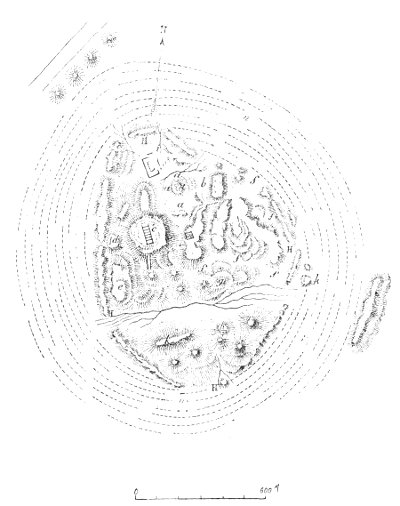 Fig. 167.—Map of the ruins of Mugheir; from Taylor.

H, H, H, H, circumference of 2,946 yards; a, platform of house; b,
pavement at edge of platform; c, tomb mound; d, e, g, h, k, l, m,
points at which excavations were made; f, f, f, f, comparatively open
space with very low mounds; n, n, graves; o, the great two-storied
ruin.