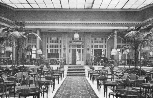 Palm Court in the Waldorf Hotel—A Popular Resort for
American Travelers