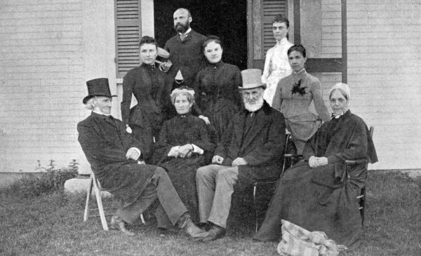 GROUP AT STURTEVANT'S, CENTRE HARBOR
Gertrude Cartland at Whittier's left, Mrs. Wade and Joseph Cartland at
his right. Mrs. Caldwell, wife of Whittier's nephew, at his left shoulder.