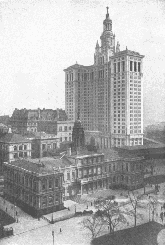 City Hall and Municipal Building, New York

The City Hall is in the foreground; the Municipal Building, containing
additional office room for city officials, is the tallest building shown.