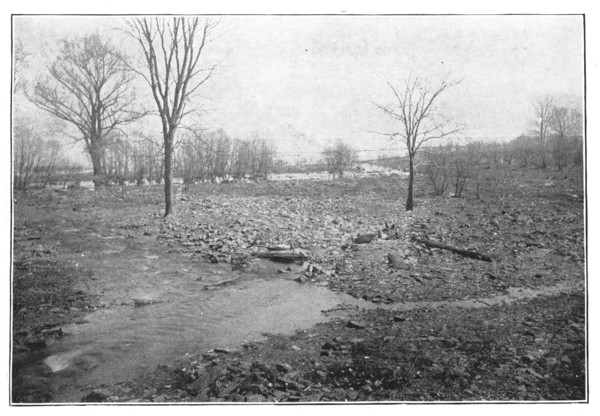 Fig. 47. A brook building a delta into a lake. Formerly the brook flowed straight ahead, but its own delta has caused it to change its direction.