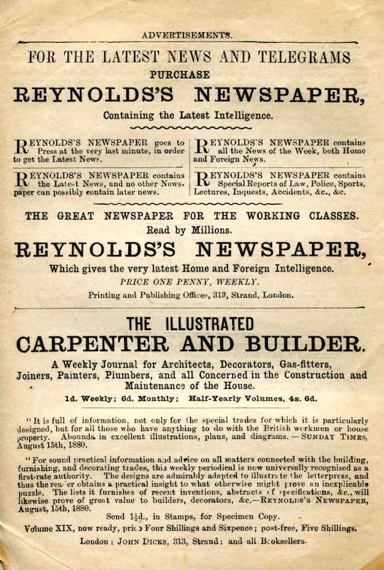 Advertisement for “Reynolds’s Newspaper” and “The
Illustrated Carpenter and Builder”