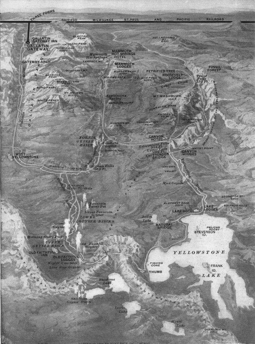 This relief map of Yellowstone shows all the features of the Park, the road from Gallatin Gateway Inn—the geyser basin, the road over the loop of the Continental Divide, the lake, the river and the circle of road up to Mammoth Hot Springs.