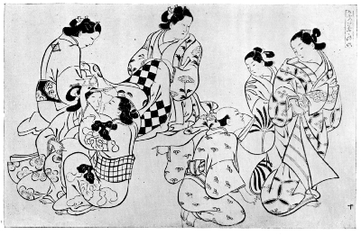 OKUMURA MASANOBU: COURTESANS AT TOILET.