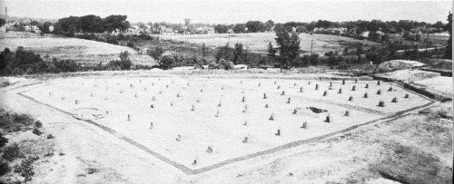 Excavation of Trading Post stockade. Darkened soil, indicating position of log wall footing, emphasized to show gates (right half of long wall, top of picture).