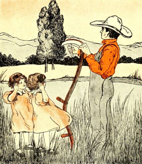 girls watching farmer with scythe