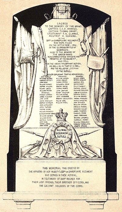 (Monument erected at Shrewsbury to the memory
of the officers and soldiers of the Regiment
who were killed at the Battles of Aliwal
and Sobraon, on the 28th January and 10th February, 1846.)