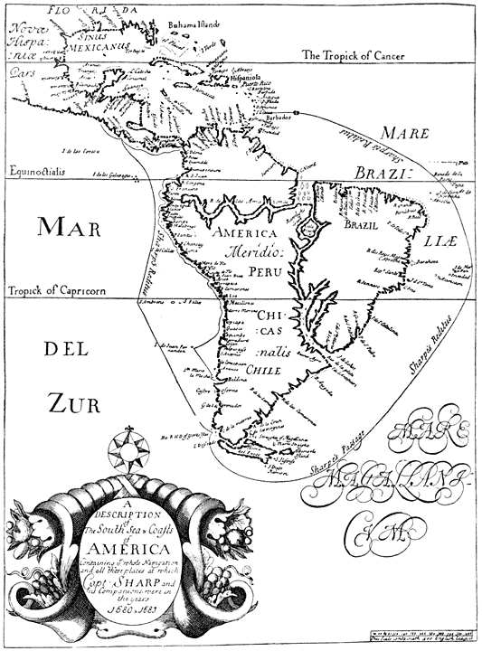 A DESCRIPTION of The South Sea & Coasts of AMERICA Conatining ye whole Navigation and all those places at which Capt. Sharp and his Companions were in the years 1680 & 1681