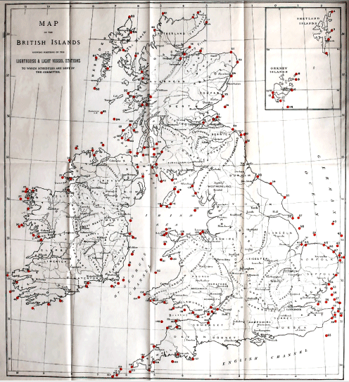 Map of the British Islands Showing Position of the Lighthouse &
Light Vessel Stations to Which Schedules Are Sent by the Committee.