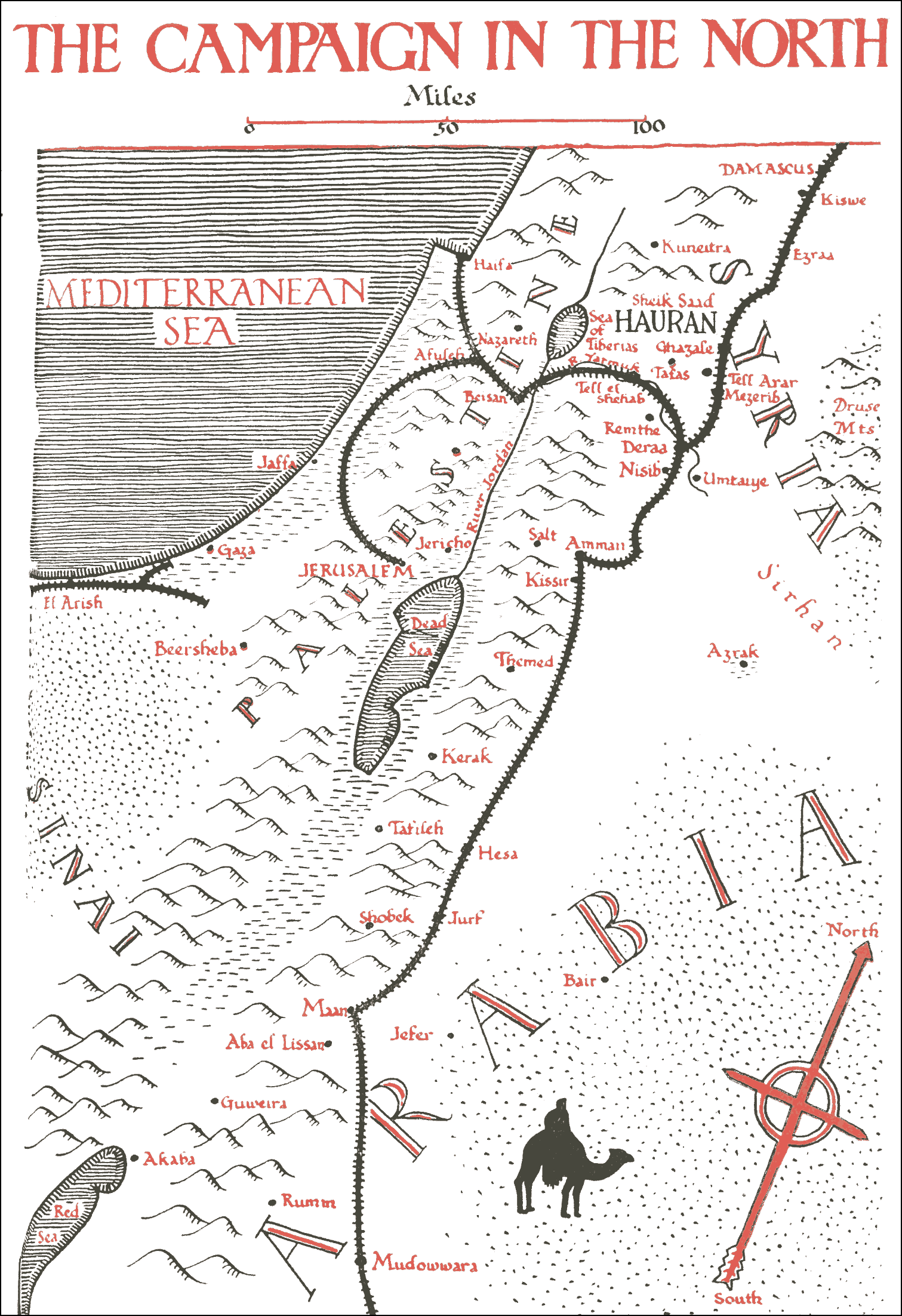 Map 200x600 miles of Palestine and Arabia centered around the Dead Sea