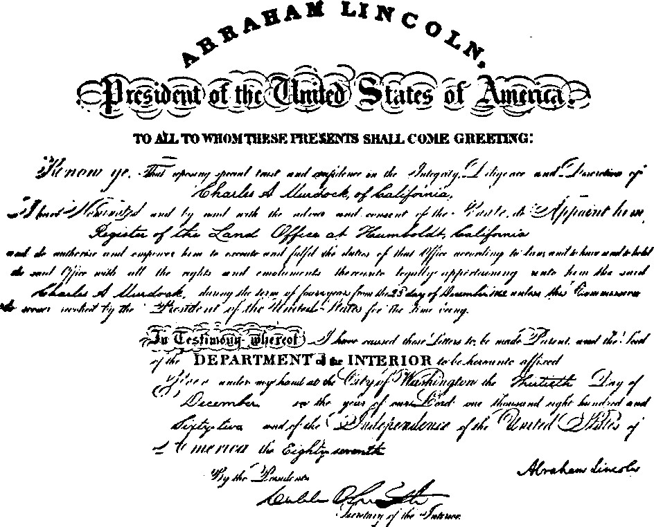 Presidential Commission As Registrar of the Land Office
At Humboldt, California