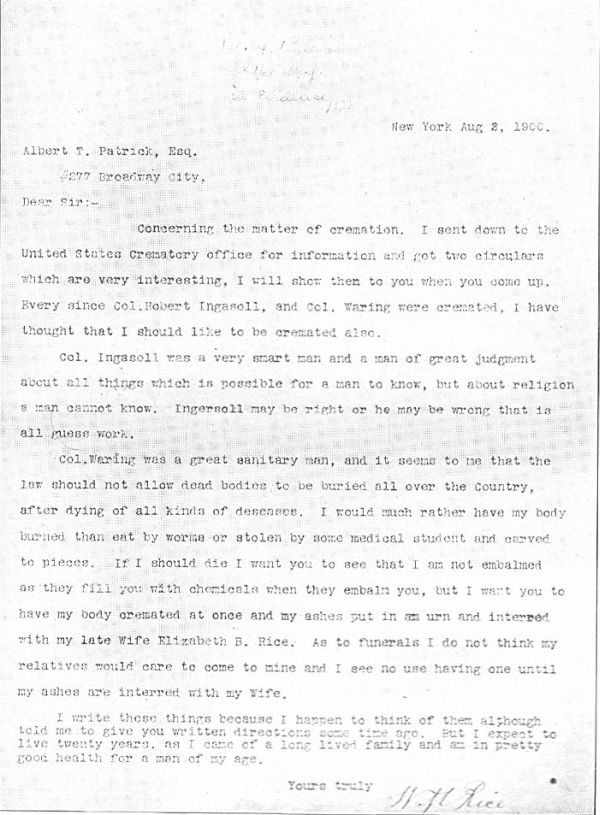 The famous letter forged by Patrick, which requests the
cremation of the remains of the supposed writer, old Mr. Rice.