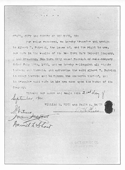 Forged assignment of vault at the New York Safe Deposit
Co. from Rice to Patrick.