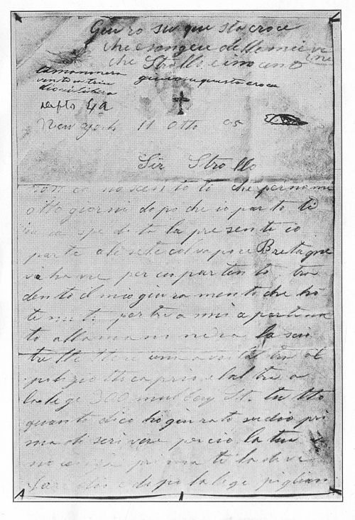 First page of the "Black Hand" letter written by Strollo,
and put in evidence at his trial, placing the murder of Torsielli upon
members of that imaginary secret organization. This letter convicted
him.