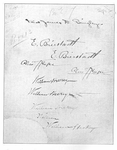 Fig. 4—The upper signature is an example of Mabel
Parker's regular penmanship; the next two are forgeries from memory; and
the last is a dashing imitation of her companion's handwriting.