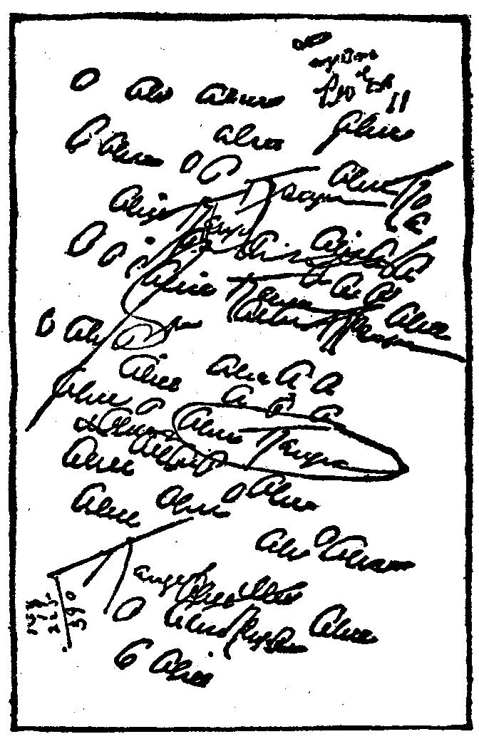 FIG. 5.—Practice signatures of the name of Alice
Kauser.