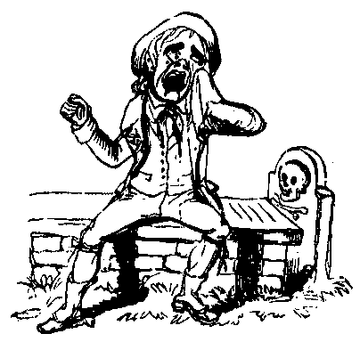 A man sitting on a bench next to a tombstone