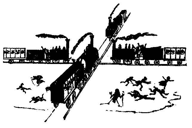 Four trains meeting at an intersection with bodies strewn about.