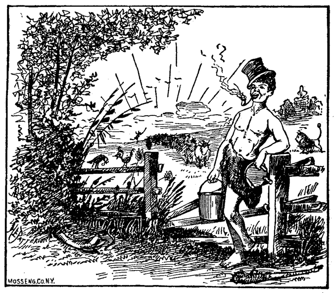 A smiling, smoking fellow in a top hat holds a pail and leans on a farm fence.