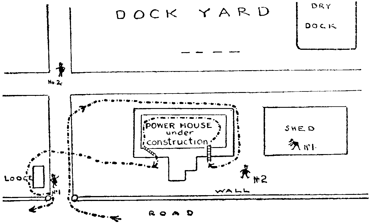 <i>The dotted line in this plan shows my route, small figures are policemen looking for me.</i>