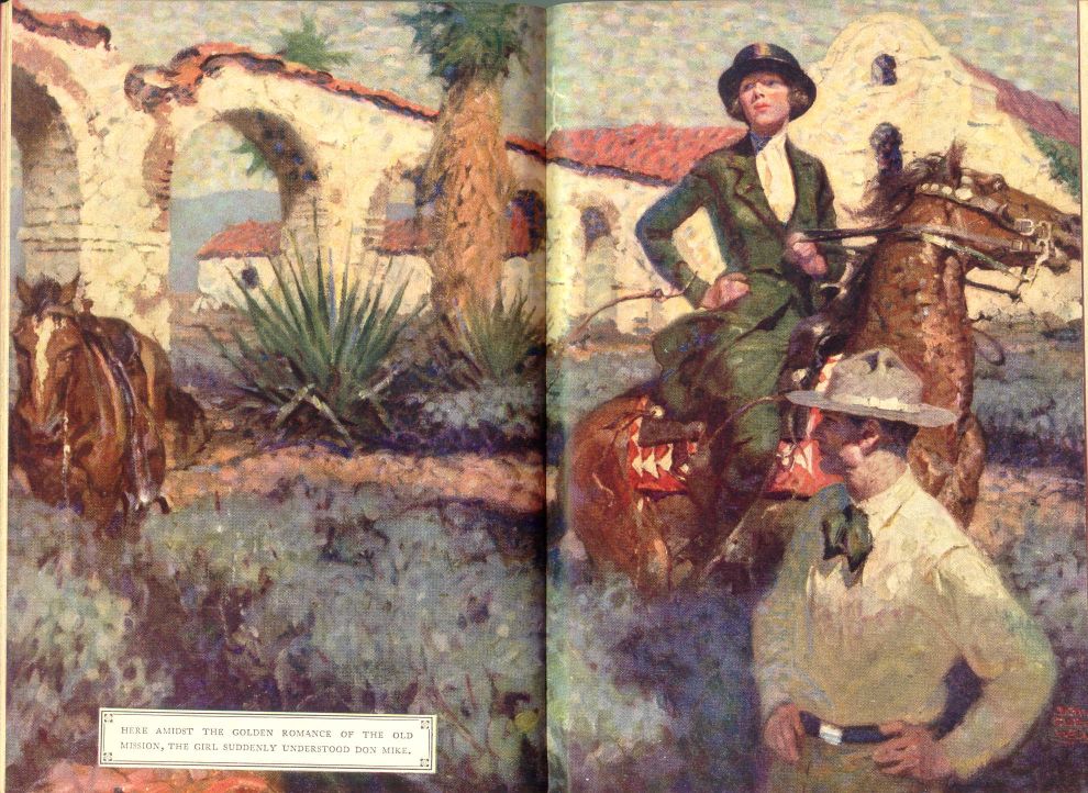 Here amidst the golden romance of the old mission, the girl suddenly understood Don Mike.