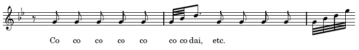 Music: Co co co co co co co dai, etc.