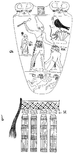 Fig. 18 (a) The Archaic Egyptian slate
palette of Narmer showing, perhaps, the earliest design of Hathor (at
the upper corners of the palette) as a woman with cow's horns and ears
(compare Flinders Petrie, "The Royal Tombs of the First Dynasty," Part
I, 1900, Plate XXVII, Fig. 71). The pharaoh is wearing a belt from which
are suspended four cow-headed Hathor figures in place of the
cowry-amulets of more primitive peoples. This affords corroboration of
the view that Hathor assumed the functions originally attributed to the
cowry-shell. (b) The king's sporran, where Hathor-heads (h) take the place
of the cowries of the primitive girdle.
