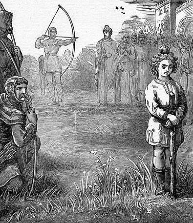 CLOUDSEY SHOOTS AN APPLE FROM THE HEAD OF HIS SON�
