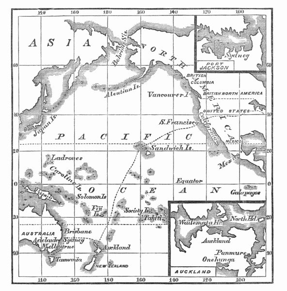 (Maps of the Ship's Course up the Pacific, Auckland,
and Sydney, Port Jackson)