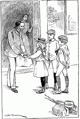 "THE LITTLE GIRL HAD NEVER STIRRED, BUT STOOD GAZING UP AT THE BIG MAN WHO HELD HER HANDS." "THE LITTLE GIRL HAD NEVER STIRRED, BUT STOOD GAZING UP AT THE BIG MAN WHO HELD HER HANDS."