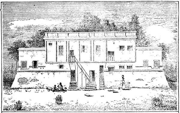 REMAINS OF THE EGMORE FORT.

The building is in the Male Asylum Road, and is now the residence of
some railway employees. Its upper part has been built upon a
battlemented wall, and doors have been let into the wall. The outlines
of the original wall and of some of the battlements can be easily
traced.