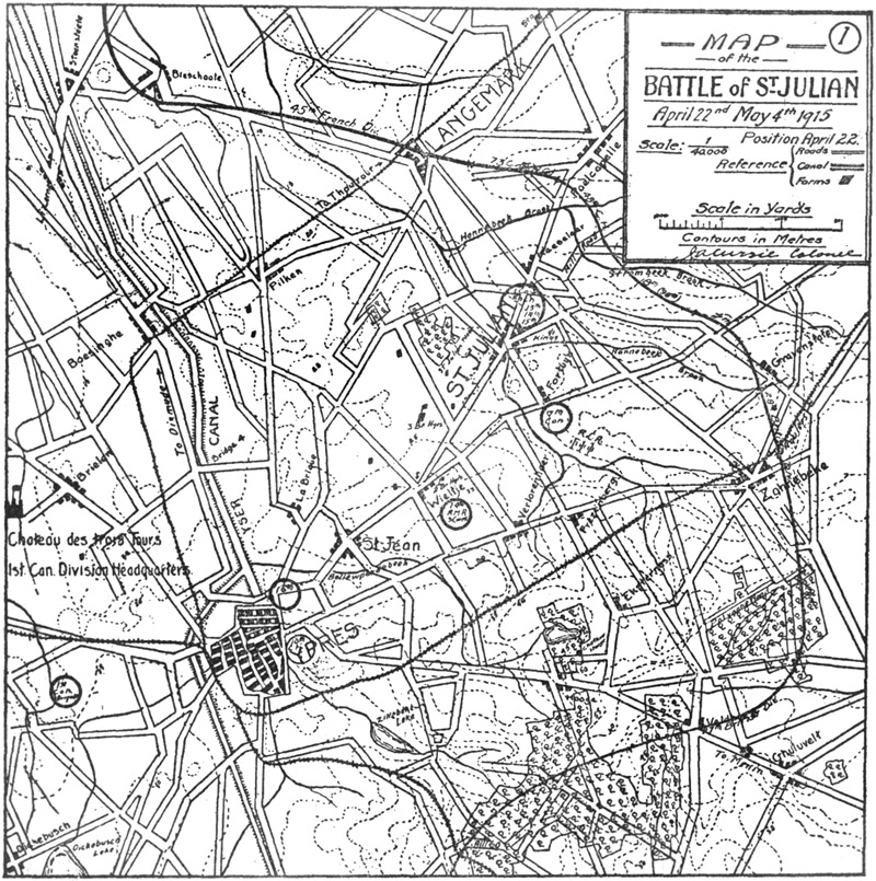 Map of the BATTLE OF ST JULIAN April 22nd May 4th 1915. Position April 22.