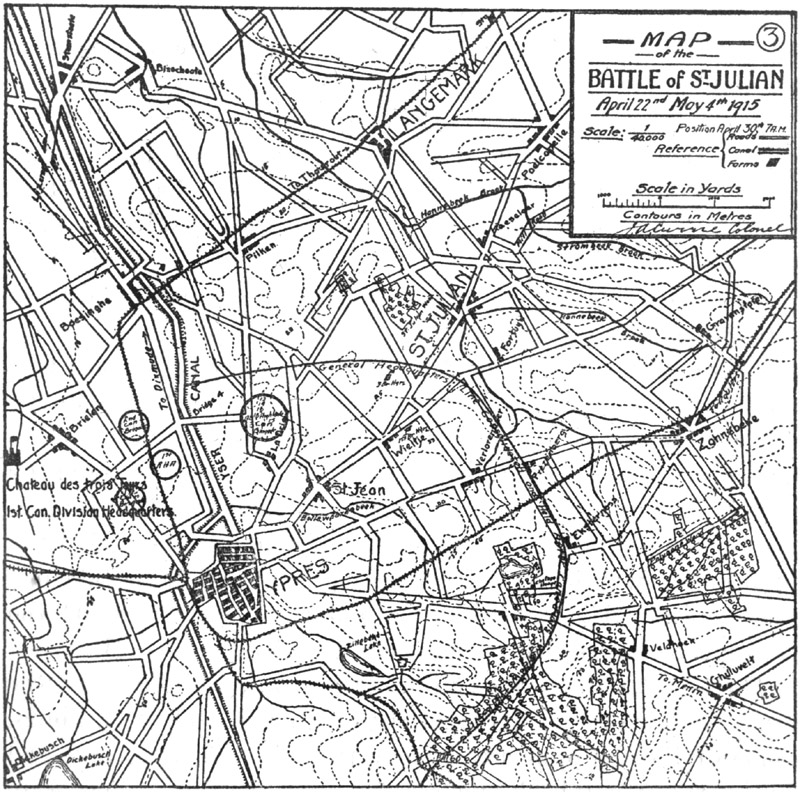 Map of the BATTLE OF ST JULIAN April 22nd May 4th 1915. Position April 30th 7 A.M.