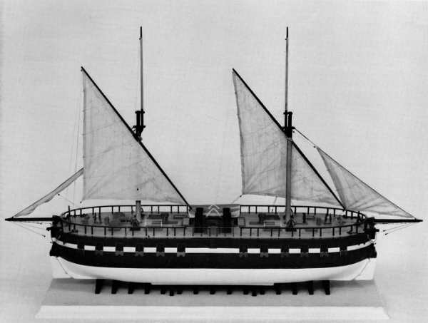 Figure 1.&mdash;Scale model of Fulton's Steam Battery in the Museum of History and Technology. (Smithsonian photo P-63390-F.)
