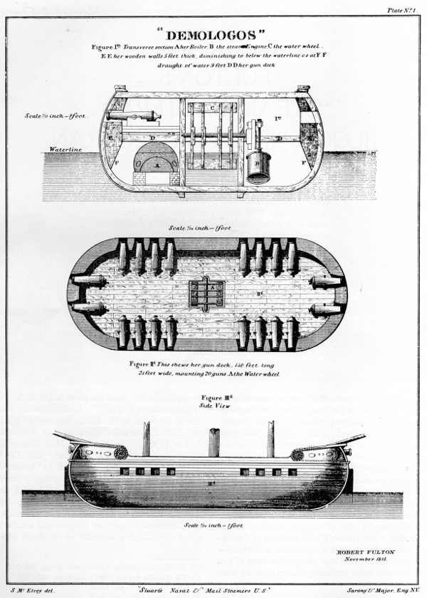 Plate No. 1. &lsquo;DEMOLOGOS&rsquo;
Figure 1st. Transverse section A her Boiler. B the steam Engine. C the water wheel.
E E her wooden walls 5 feet thick, diminishing to below the waterline as at F.F draught of water 9 feet D D her gun deck
Scale 1/12 inch=1 foot
Waterline Scale
1/24 inch=1 foot
Figure IId This shews her gun deck, 140 feet long 24 feet wide, mounting 20 guns. A the Water wheel
Figure IIId Side View
Scale 1/24 inch=1 foot
ROBERT FULTON November 1813.
S Mc Elroy del. "Stuart's Naval & Mail Steamers U.S." Sarony & Major. Eng. N.Y.