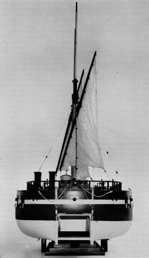 Figure 3.&mdash;Scale model of Steam Battery, showing double hull, in the Museum of History and Technology. (Smithsonian photo P-63390-D.)