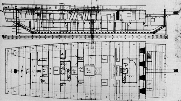 Figure 5.&mdash;Floating battery Spanker built, in England
by William Barnard, at Deptford on the Thames, and launched June 14,
1794. Rigged as a bomb ketch, its length is 111 feet 7 inches in the
keel, extreme beam 42 feet 4 inches, depth of hold 8 feet. Upper deck
plan also shown.