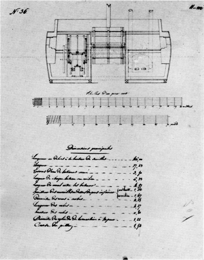 Figure 6.&mdash;French sketch, in Rigsarkivet, Copenhagen, of
inboard profile and arrangement of Fulton's Steam Battery, showing
details of the Fulton engine, probably taken from one of his preliminary
designs.